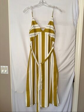 Mustard Stripe V-Neck Midi Dress with Tie Waist